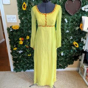 Vintage homemade 70s lime green maxi dress with embroidered floral details